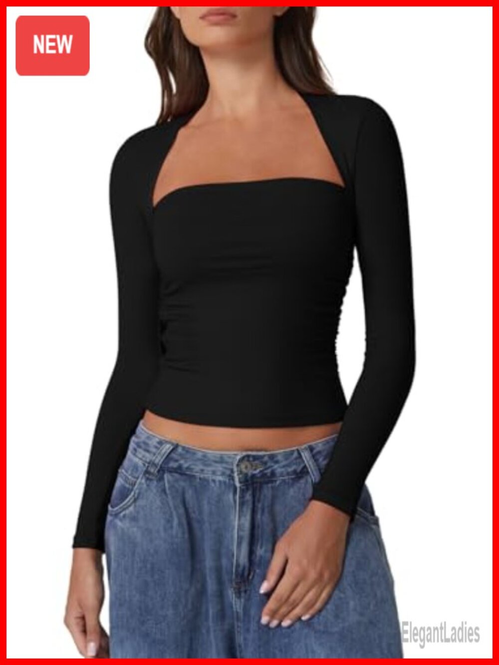 Square Neck Long Sleeve Crop Top Slim Fit Bodycon Tee